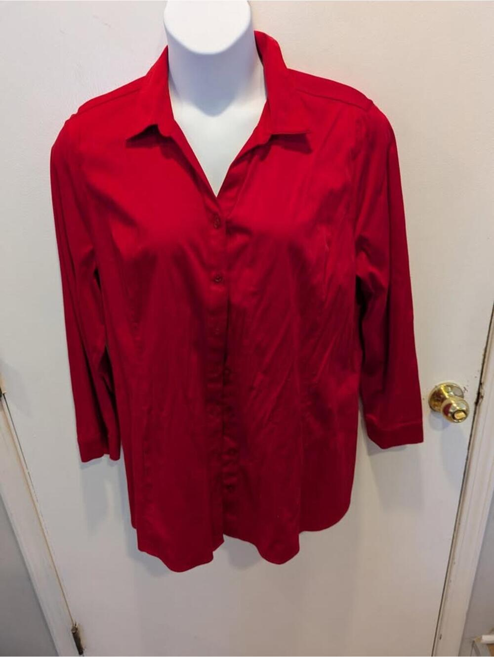 3XL Chico’s Red Button-Up Blouse – V-Neck w/ Pockets Flowy Plus Size Work Top